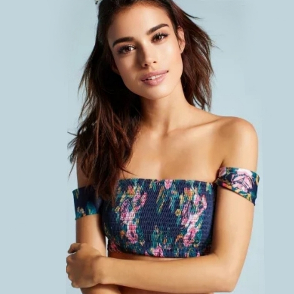 Anthropologie Top Blue Tube Top with Flowers Swimsuit Top Size Large